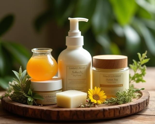 Assortment of Purely Handmade skincare products arranged on a wooden tray