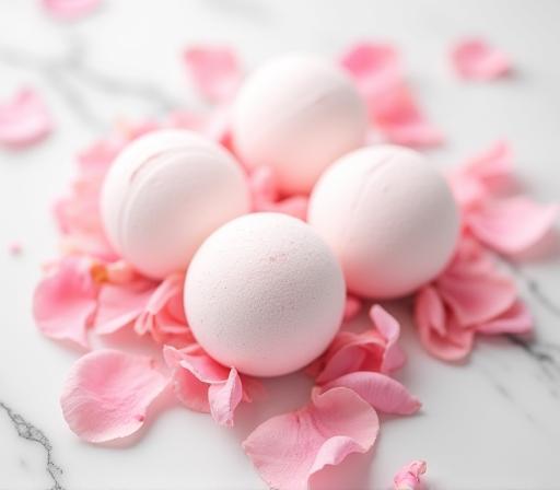 Rose petal bath bombs on marble surface